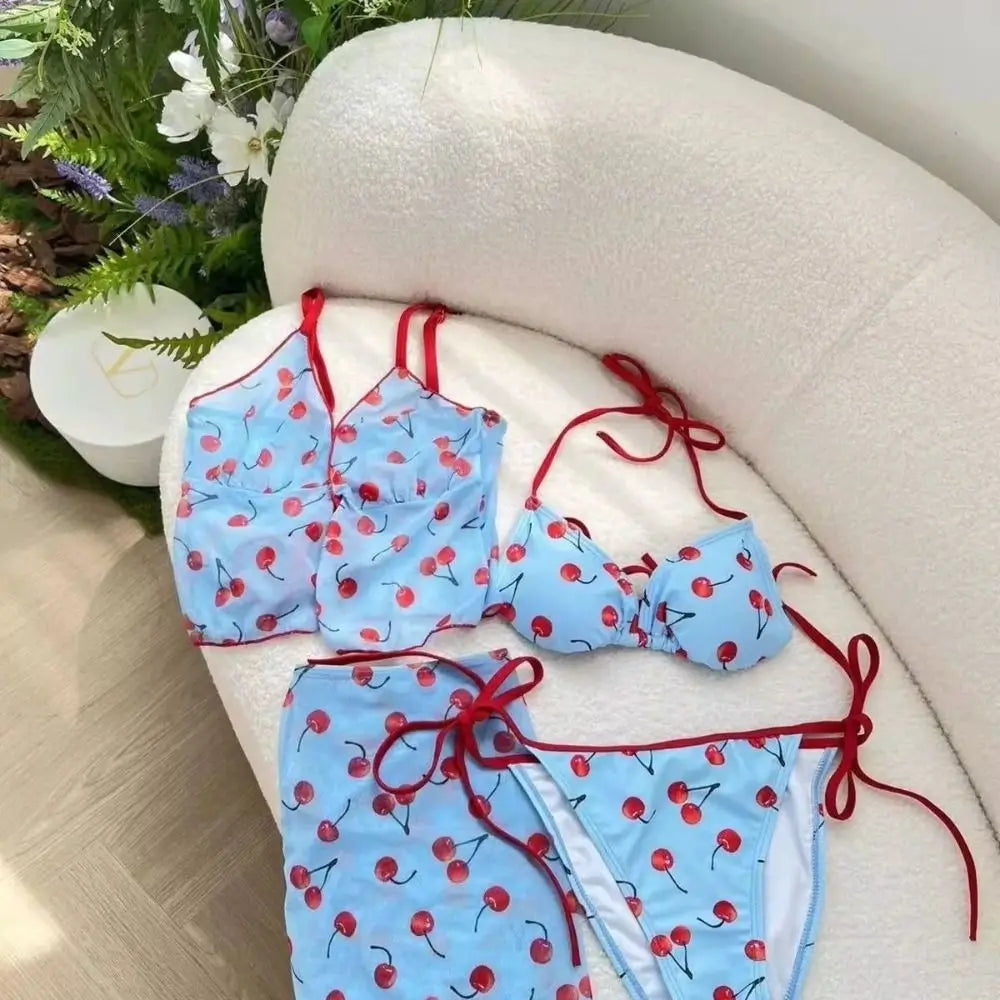 Pure Desire Pure Color Cherry Bikini Set V Neck Mesh Lace Up Sexy Swimwear Wrap Skirt Push Up Four Piece Set Summer Holiday