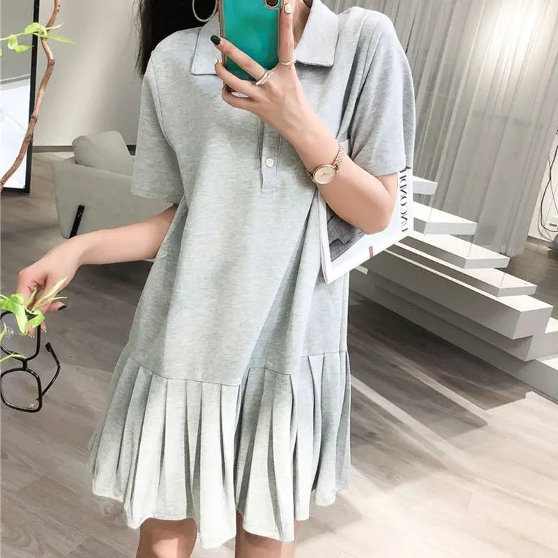 Summer New Loose Pleated Skirt Short Sleeve Polo Neck All-match Solid Color Plus Size Mini Dress Casual Fashion Women Clothing