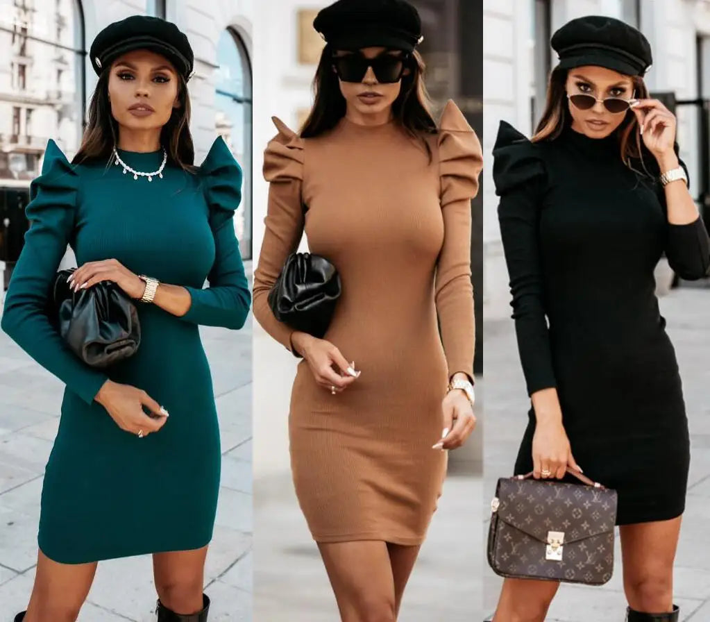 Fashionable streetwear tight-knit puffed-sleeve sweater dress