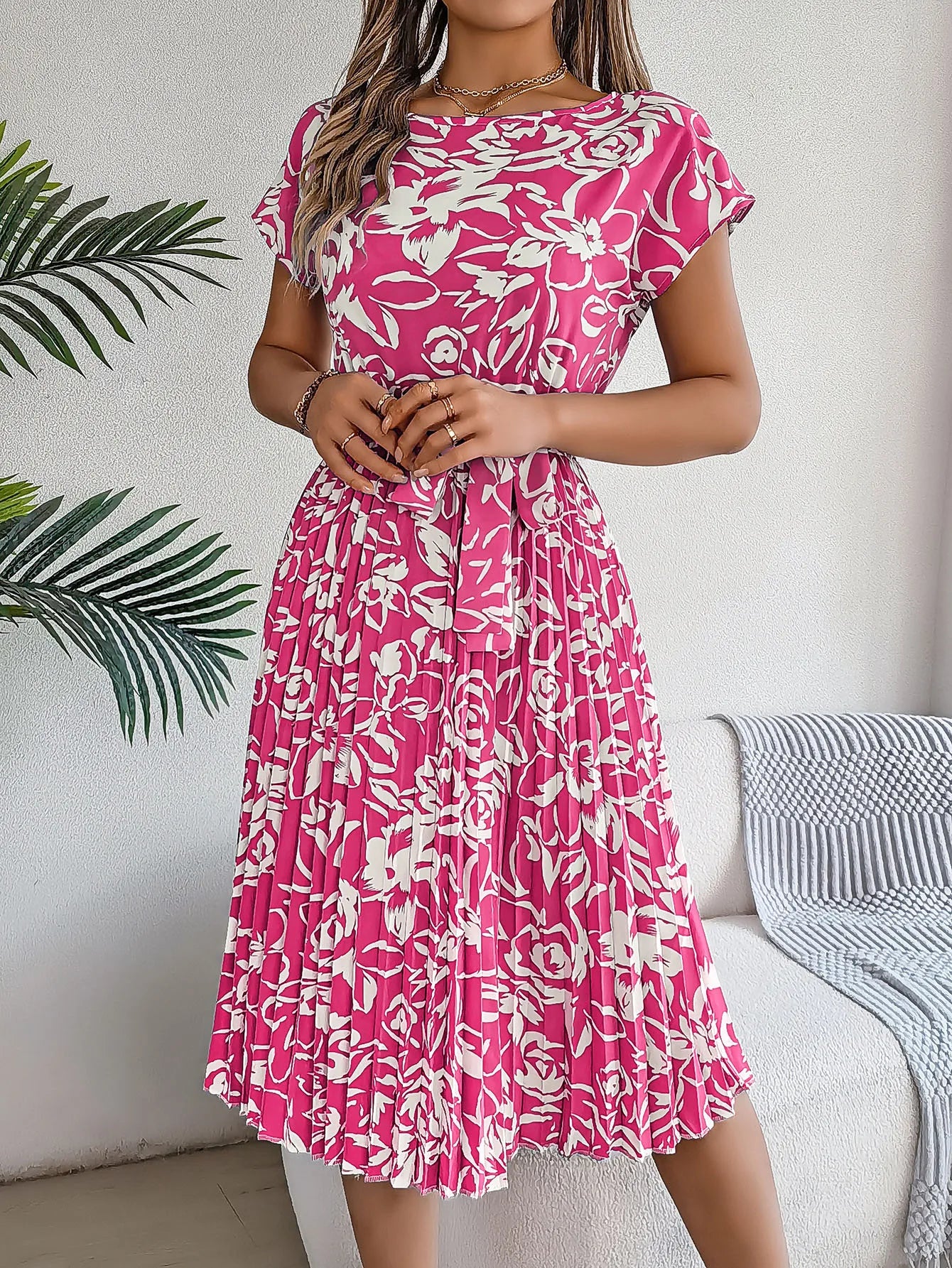 Spring Summer Floral Print Maxi Dress Women's Short Sleeve Flared Hem Empire Waist Belted Midi Dress Cross-Border Style