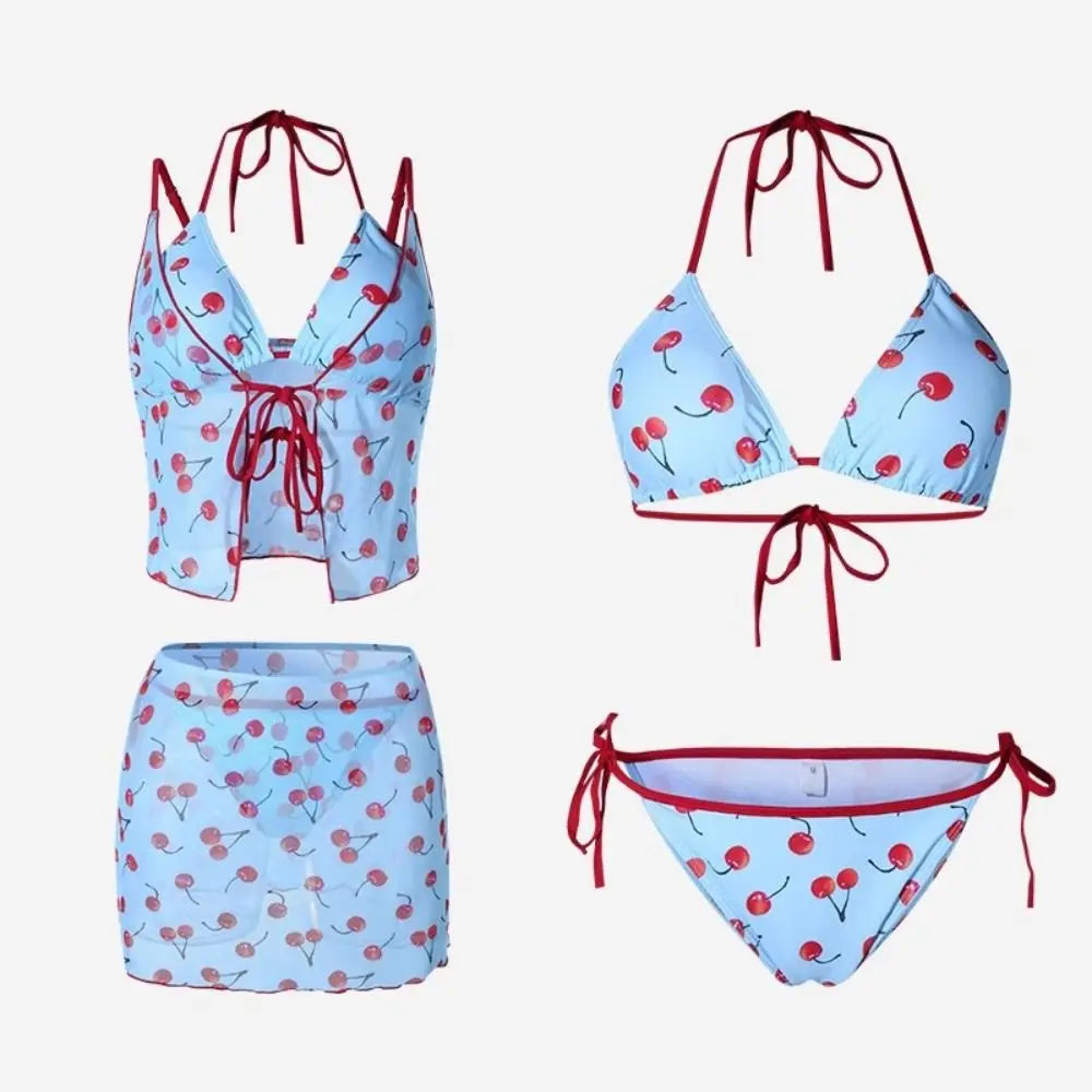 Pure Desire Pure Color Cherry Bikini Set V Neck Mesh Lace Up Sexy Swimwear Wrap Skirt Push Up Four Piece Set Summer Holiday