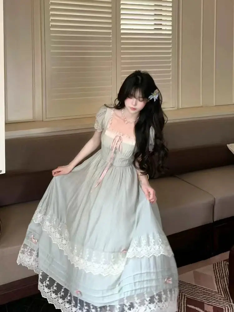 French Gentle Style Vintage Women Dress Sweet Bow Short Sleeve Dress Lace Splice Korean Popular Chic Long Dress New Summer 2026