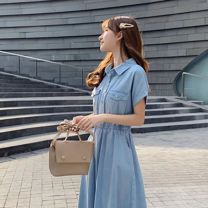 Lightweight Denim-Like Women's Dress Summer New Korean Style High-Waisted Button-Front Shirt Dress Versatile Casual Midi Dress
