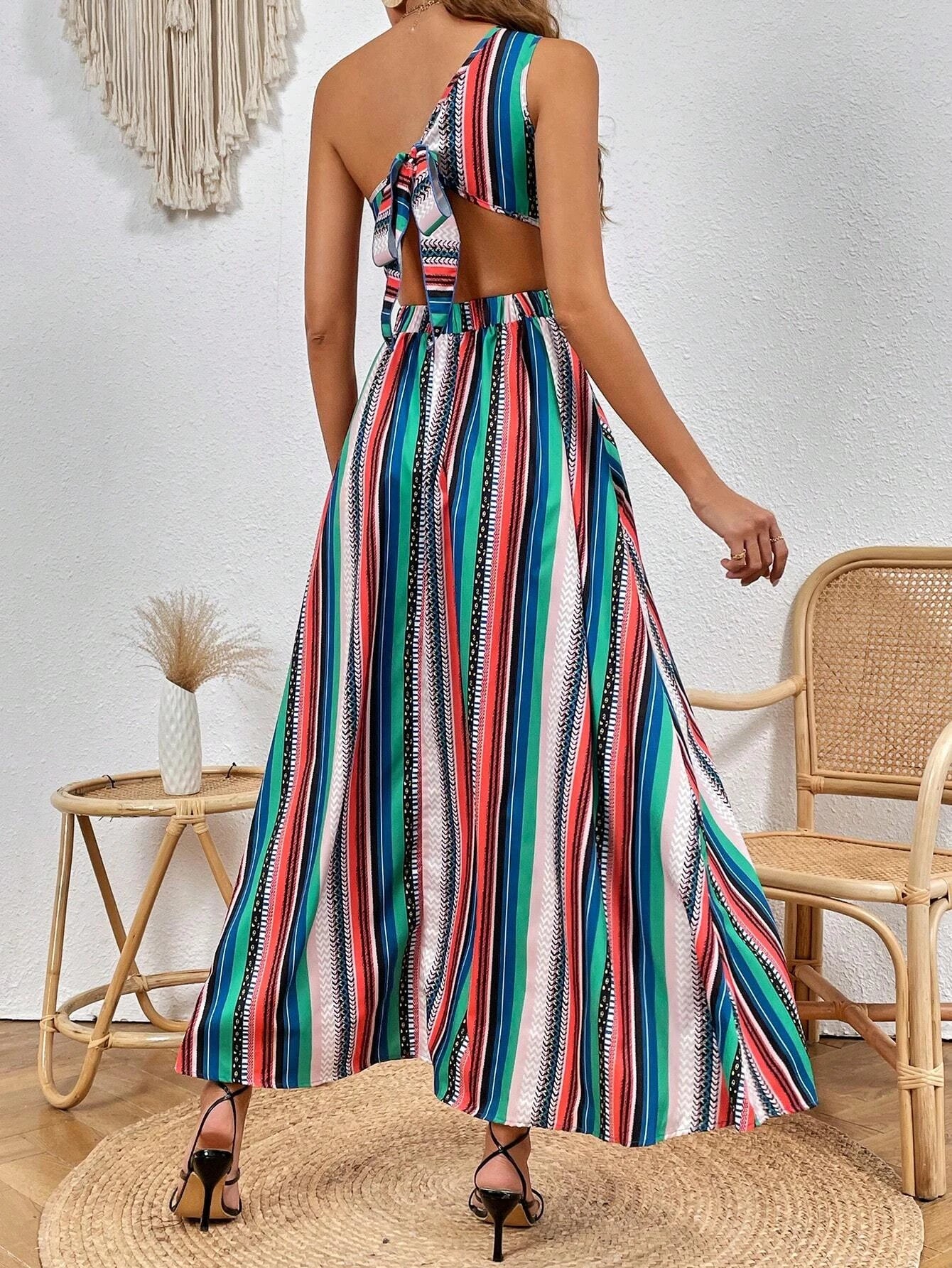 Striped Print One-Shoulder Dress Women Summer Sexy High Thigh Slit Bodycon Slim Fit Asymmetric Hem Vacation Beach Dress
