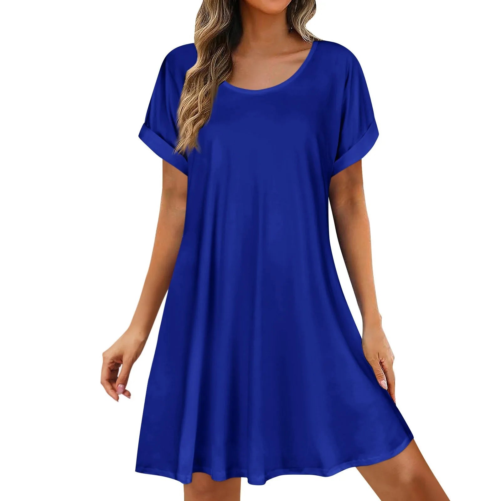 Womens Summer Basic Solid Color Short Skirt Casual and Versatile Oversized Pullover Dress Comfortable Round Neck Sundress
