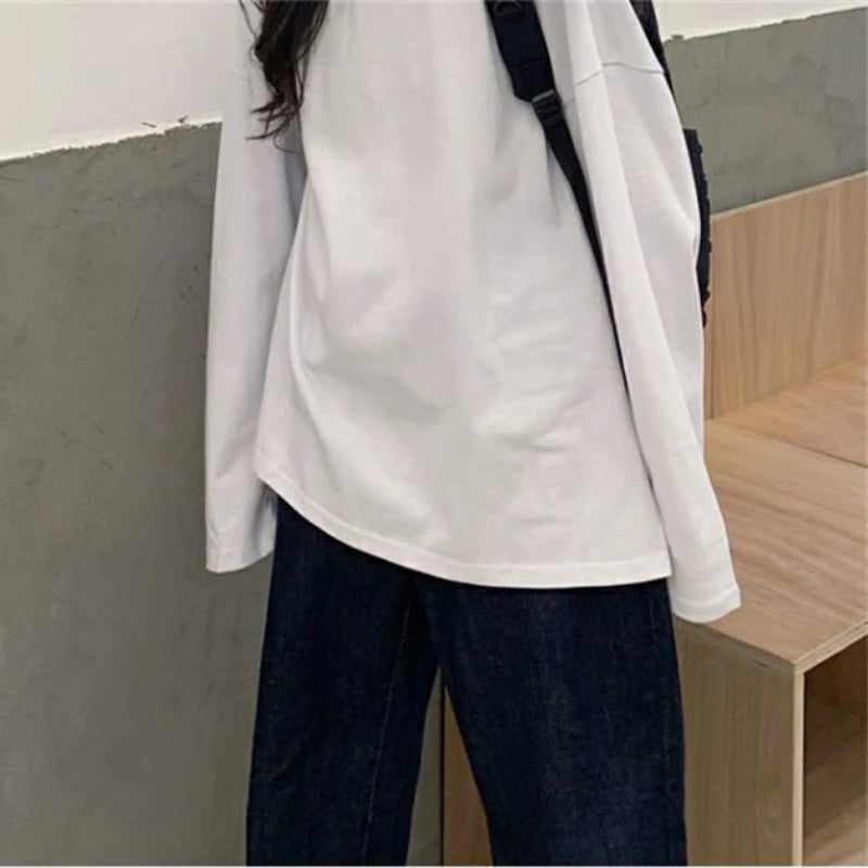 Harajuku Long T Shirt Spring Autumn Solid Simple Oversized T-shirt for Women Goth T-shirts Split White Black Long Sleeve Tops