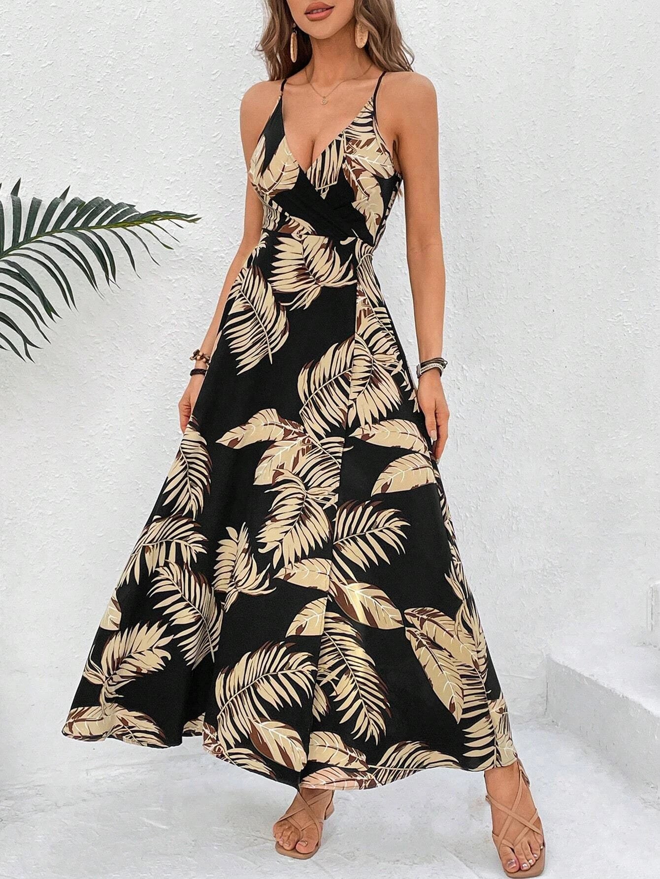 Tropical Printed Thigh Sling L Backless Suspender Dress 1056