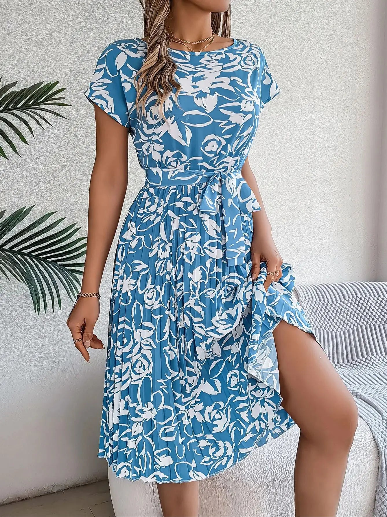 Spring Summer Floral Print Maxi Dress Women's Short Sleeve Flared Hem Empire Waist Belted Midi Dress Cross-Border Style
