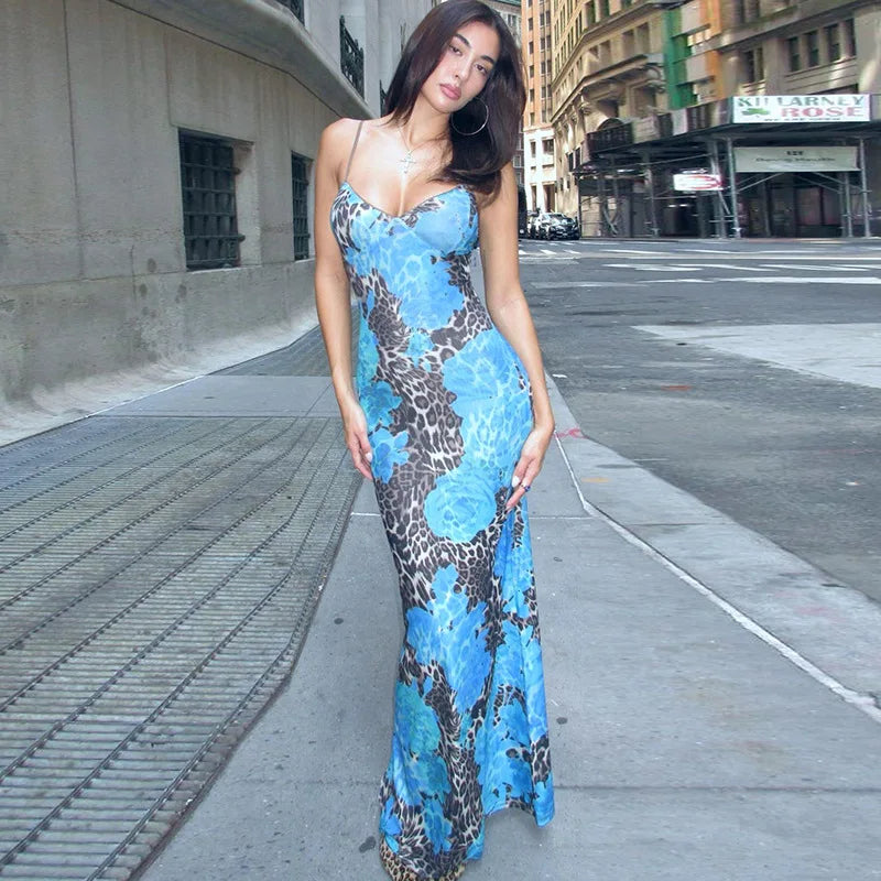 Elegant Print V Neck Slips Backless Sexy Bodycon Maxi Dress Women Fashion Outfits Party Festival Club