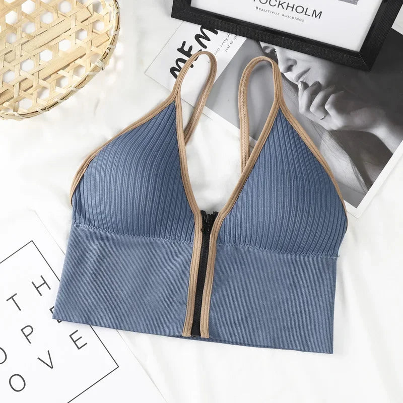 Seamless Sports Bra Women's Tube Top Front Zipper Sexy Crop Tops Beauty Back V-Neck Camisoles Push Up Lingerie Sports Tank Top