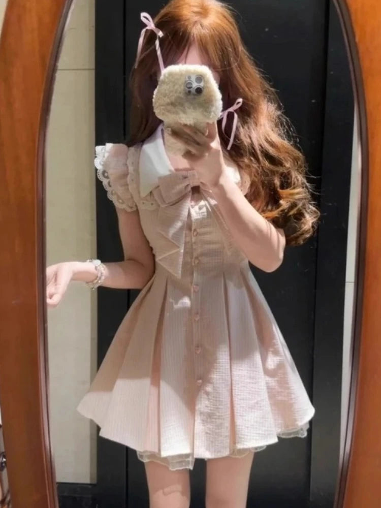 Japanese Sweet Kawaii Striped Elegant Women Dress Fashion Cute Bow Y2k Princess Dress Harajuku Chic Lace Korean Popular Clothes