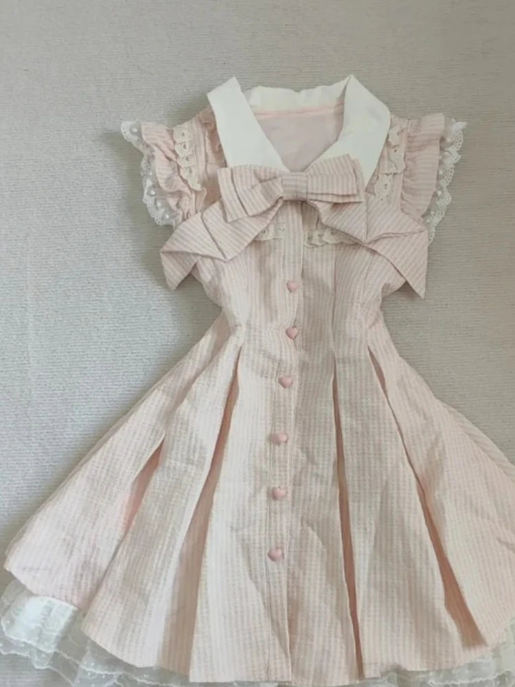 Japanese Sweet Kawaii Striped Elegant Women Dress Fashion Cute Bow Y2k Princess Dress Harajuku Chic Lace Korean Popular Clothes