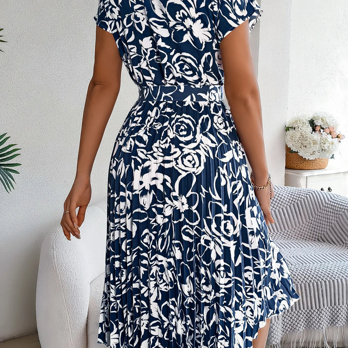 Spring Summer Floral Print Maxi Dress Women's Short Sleeve Flared Hem Empire Waist Belted Midi Dress Cross-Border Style
