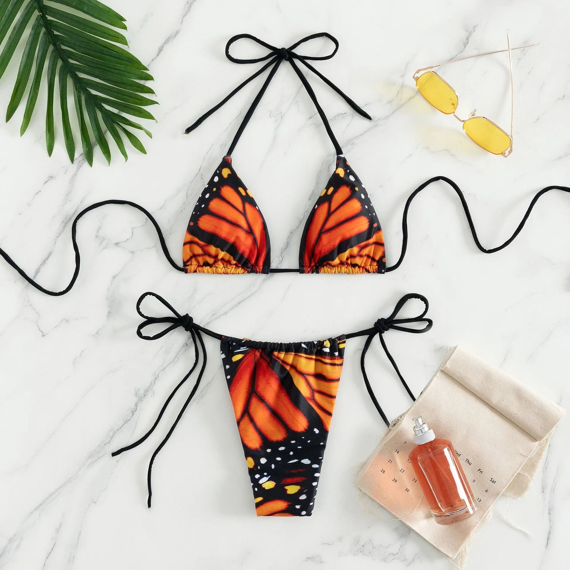 Women's Butterfly Print Bikini Set, Sexy Tie-Detail Two-Piece Swimwear, European Beach Style Vacation Swimsuits with Bandeau Top