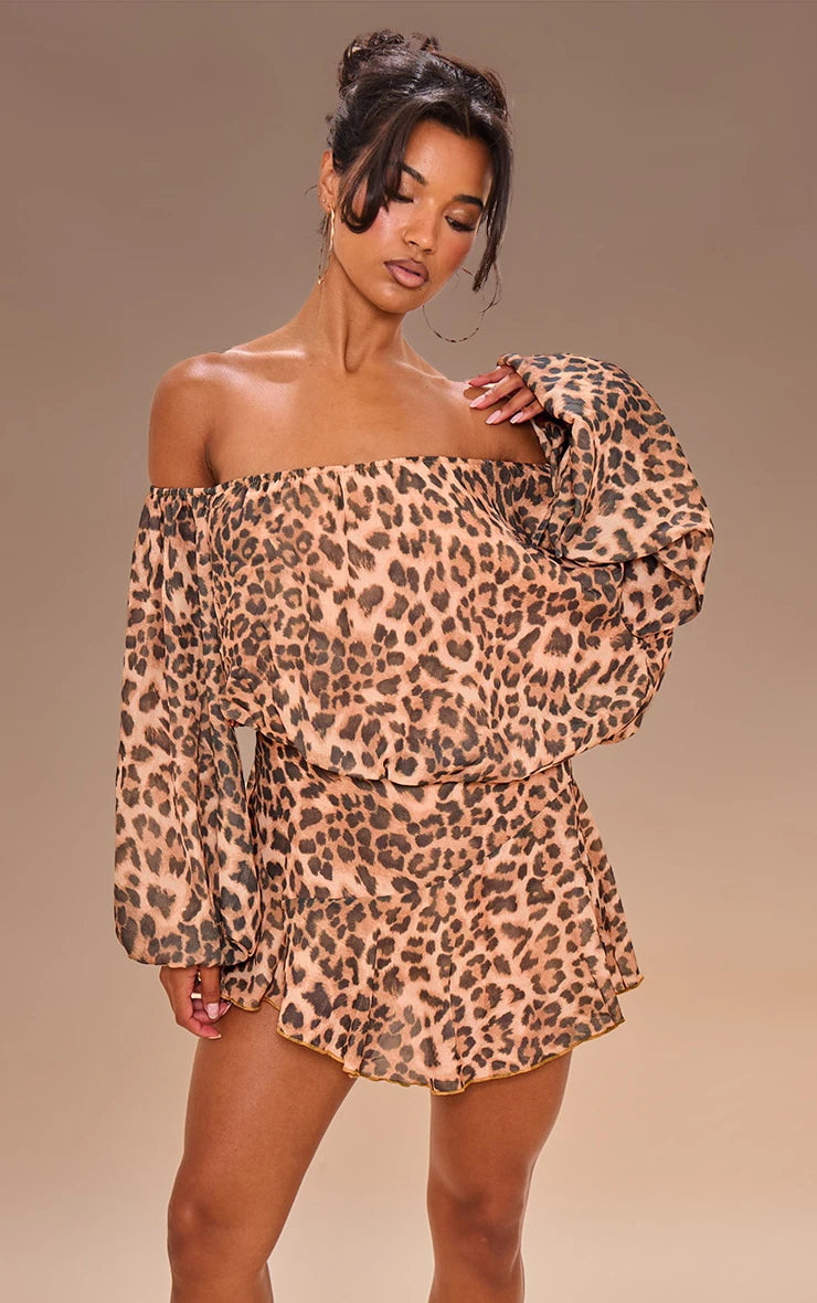 Elegant Short Printed Dress with Single Shoulder Design And Loose Waist for Women Leopard Pattern Floating Skirt Style