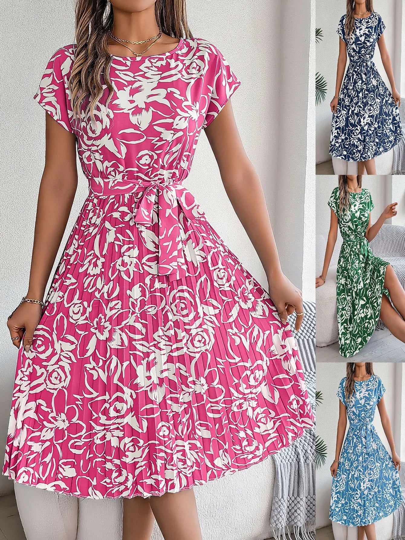 Spring Summer Floral Print Maxi Dress Women's Short Sleeve Flared Hem Empire Waist Belted Midi Dress Cross-Border Style