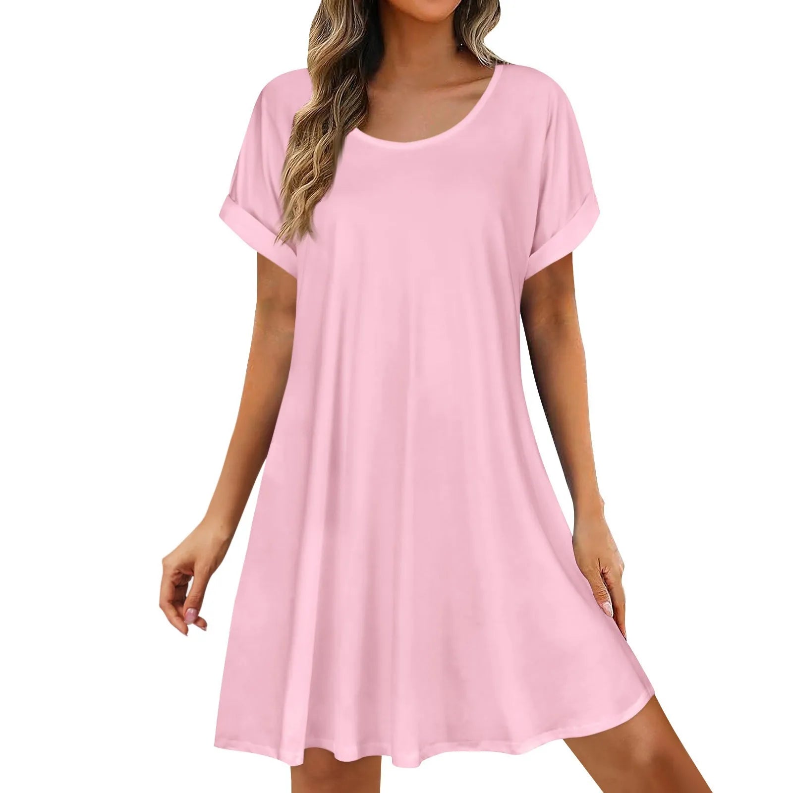 Womens Summer Basic Solid Color Short Skirt Casual and Versatile Oversized Pullover Dress Comfortable Round Neck Sundress