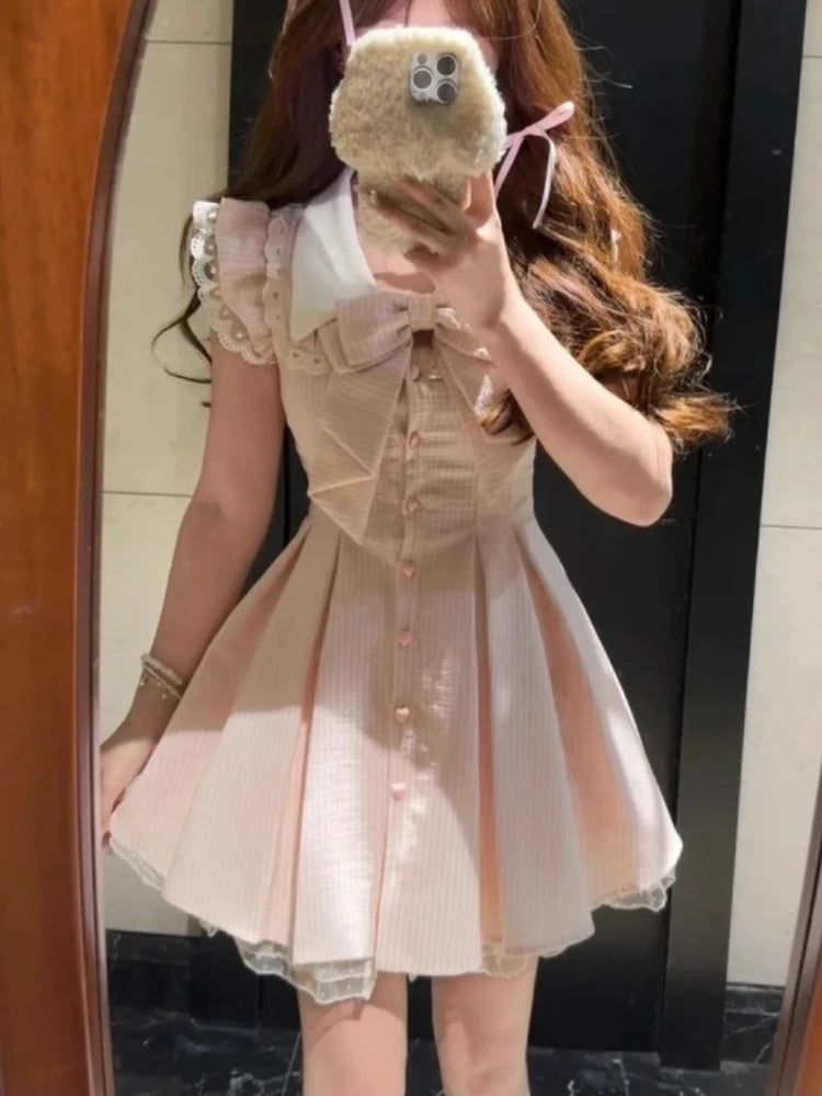 Japanese Sweet Kawaii Striped Elegant Women Dress Fashion Cute Bow Y2k Princess Dress Harajuku Chic Lace Korean Popular Clothes