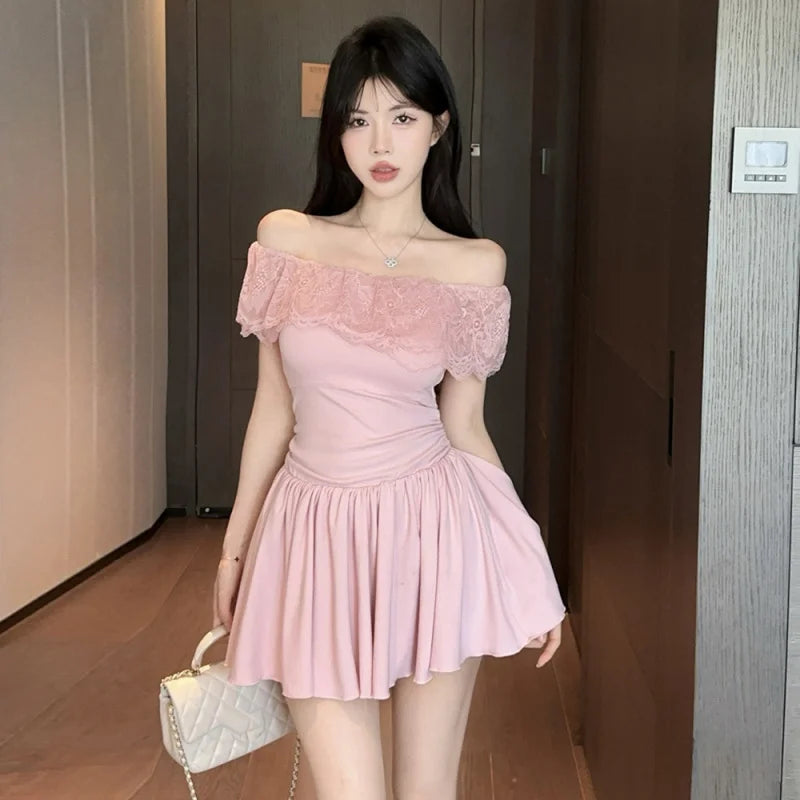 D5656Europe and America2026Cross-border foreign trade French sweet style off-shoulder lace patchwork waist-cinching dress