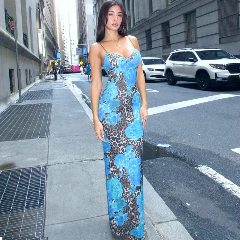 Elegant Print V Neck Slips Backless Sexy Bodycon Maxi Dress Women Fashion Outfits Party Festival Club