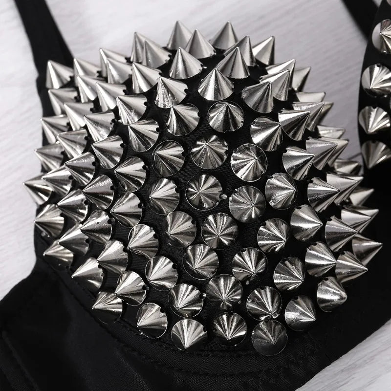 Silver Rivets Punk Rave Bralette Lingerie Gothic Bra Top Sexy Push Up Brassiere Nightclub Party Bar Fashion Hot Bras for Women