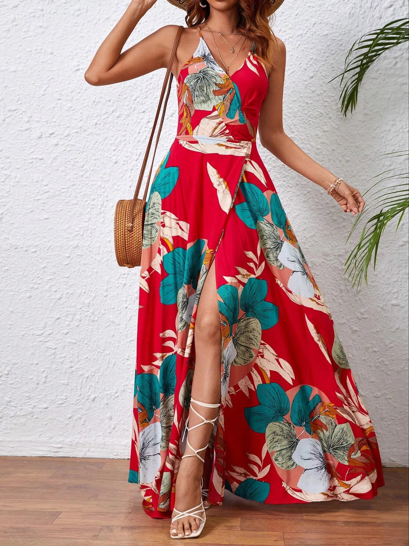 Tropical Printed Thigh Sling L Backless Suspender Dress 1056