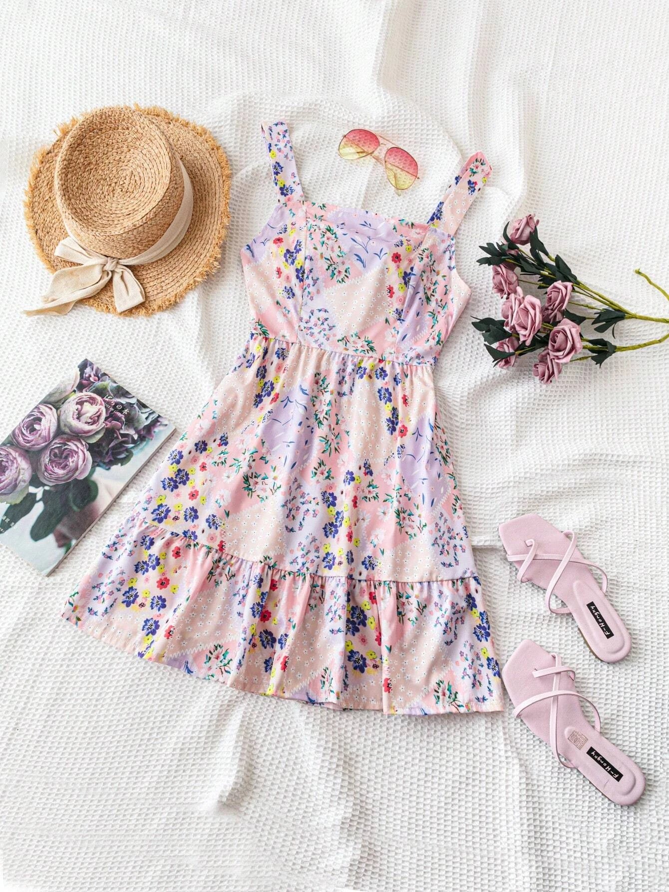 Women's Floral Print Strapless Back Tie Bow Dress 1181